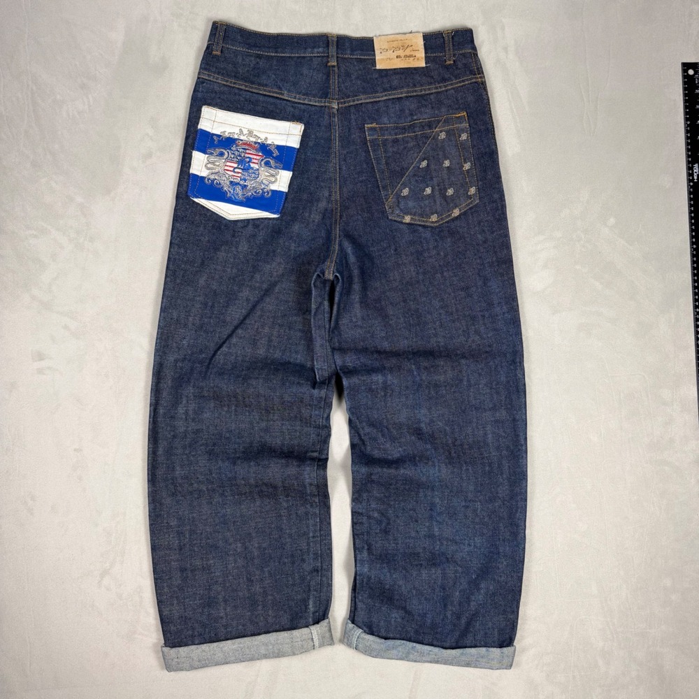 Y2K Mens B-Boy MJ Collection Baggy Embroidered Dark Wash Jeans 18